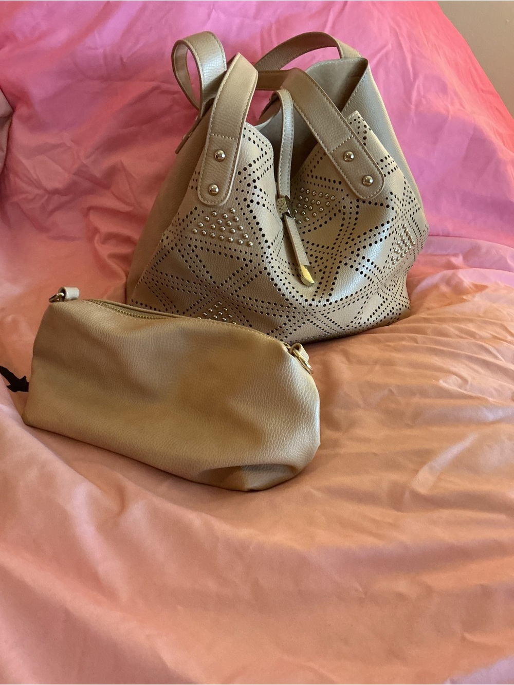 Beige Laser-Cut Hobo Tote with Matching Pouch